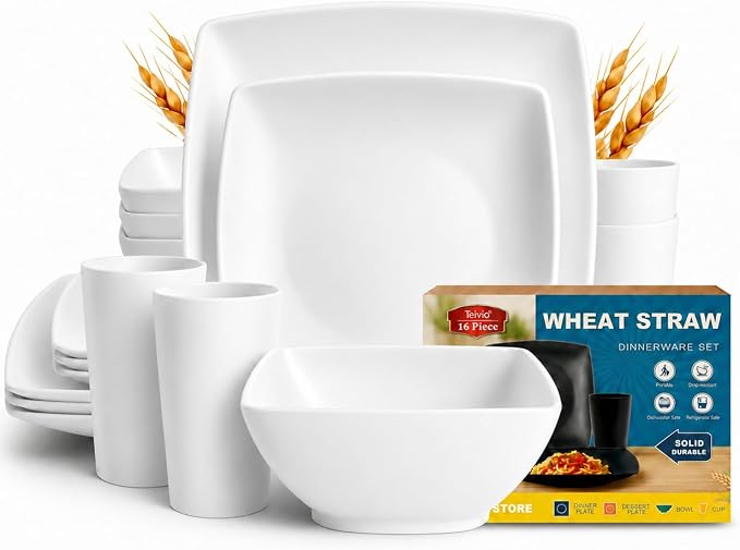 Teivio 16-piece Plastic Wheat Straw Square Dinnerware Set by Teivio
