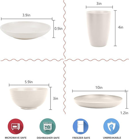 Wrova Wheat straw dinnerware sets - 28 Pieces dish sets service for 4 - Lightweight and Unbreakable Plates and Bowls Sets for Travelling and Camping.White