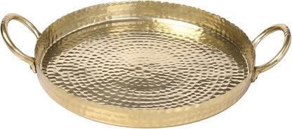 MyGift 12-inch Brass Metal Round Decorative Tray with Handcrafted Hammered Design, Large Centerpiece Display Serving Tray - Handmade in India