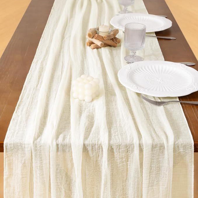 Cheesecloth Table Runner Summer Boho Wedding Shower Party Home Decor | Ivory - Image 5