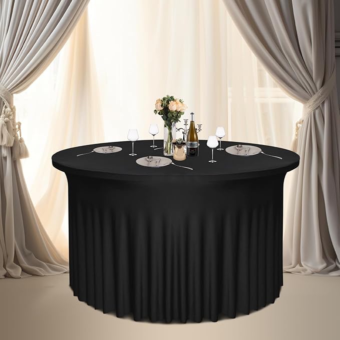 2 Pack 48" Diameter x 30" Height Black Table Skirt | Fits 4FT Round Tables |Polyester Spandex Round Table Cloths with Skirt|Stain 、Wrinkle Resistant、 for Wedding,Party,Dining,Banquet