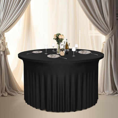 6 Pack 48" Diameter x 30" Height Black Table Skirt | Fits 4FT Round Tables | Polyester Spandex Cloths With Skirt | Stain, Wrinkle Resistant for Wedding, Party, Dining, Banquet