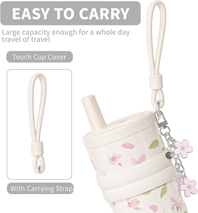 18.5 oz Thermo Cup with Straw, Floral Embossed Designed Car Cup, Vacuum - Image 6