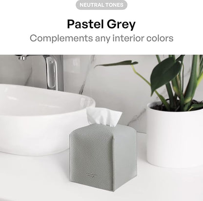 Carrotez Tissue Box Cover, [Refined] Modern PU Leather Square Tissue Box Holder - Decorative Organizer for Bathroom Vanity Countertop, Night Stands, Office Desk & Car 5"X5"X5" - Pastel Grey
