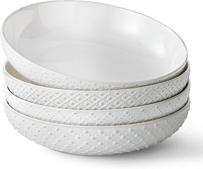 Y YHY 8.5" Pasta Bowls Set of 4, 30 oz Embossed Salad Bowls for Serving Soup, Noodle, Fruit, Dinner, Kitchen Deep Plates, Ceramic Dinnerware Sets, Soft White Dishes for Thanksgiving Day Gifts