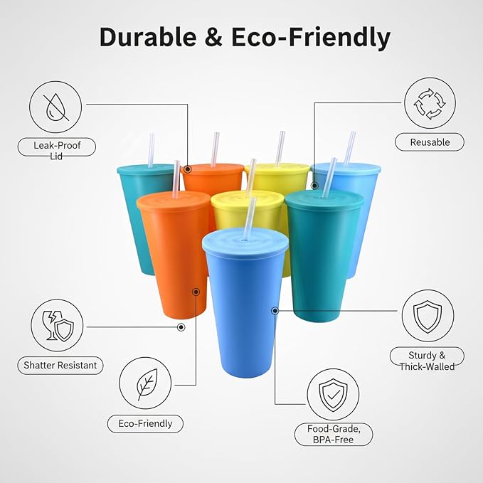 32 oz Cups with Lids and Straws Reusable set of 8, Bright Colors | Iced Tea - Image 2