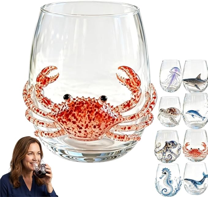 Artisanal Blue Ringed Octopus Glassware, 3D Ocean Glass Wine Glass，Crab | by Unknown