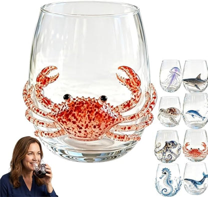 Artisanal Blue Ringed Octopus Glassware, 3D Ocean Glass Wine Glass，Crab | by Unknown