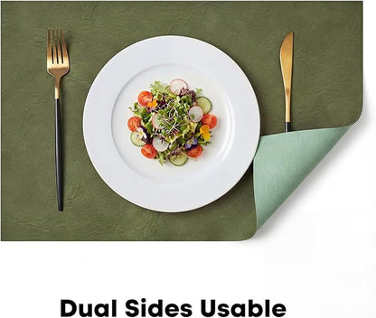 Artoid Mode Olive Green Faux Leather Placemats Set of 6, 12x18 Inch Waterproof Wipeable Heat Resistant Vinyl Place Mats, Reversible Table Mats for Kitchen Dining Decor