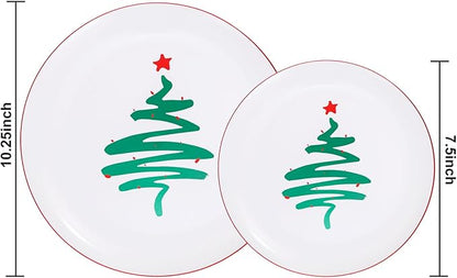 LIYH 60 Pcs Christmas Plates Disposable Heavy Duty, White Plastic Christmas Plates with Red Rim, Tableware Dishes, Xmas Party Decorations Holiday Party Supplies Serve for 30 Guests