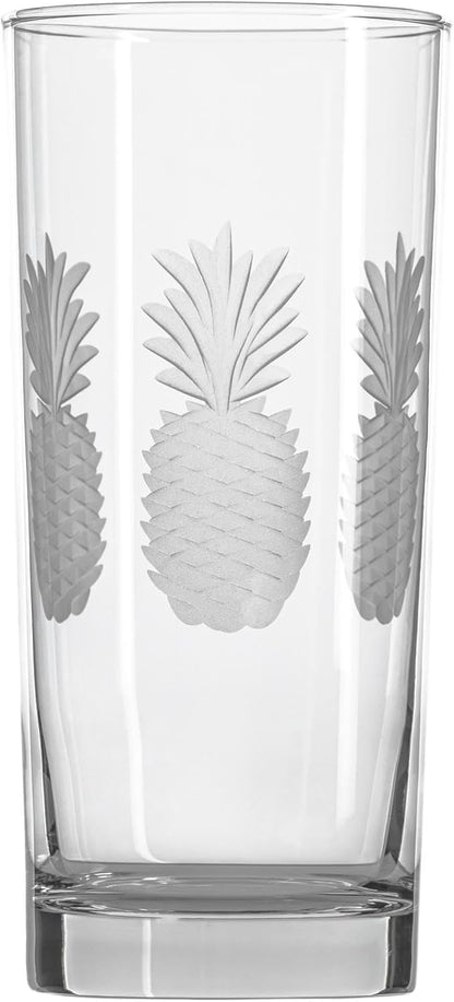 Rolf Glass Fresh Pineapple Highball Glass | 15oz Cooler Glasses | Lead-Free and Diamond-Wheel Engraved | Heavy Base, Thick Glass | Made in the USA | Tropical Etched Pineapple | Set of 4