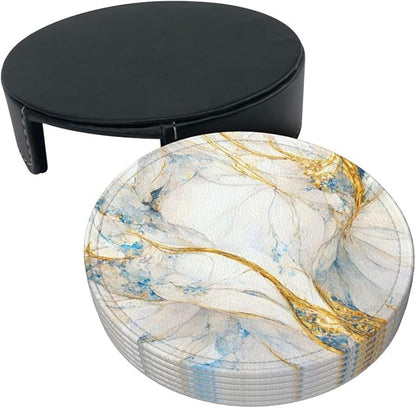 6 Pcs Abstract Luxury Blue Gold White Colors Marble Leather Coasters - Image 4