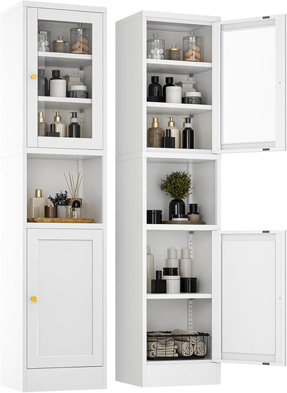 Metal Storage Cabinet with Glass Door, Tall Slim Pantry Organizer with 3 Adjustable Shelves (120LBS/Shelf), Anti-Tipping Waterproof Cabinet for Kitchen/Home Office/Small Spaces,(1PC,White)