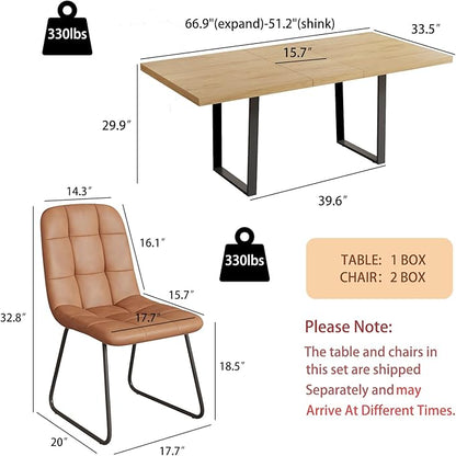 ZckyCine 7-Piece Modern Dining Set, 67" Expandable Oak Dining Table with 6 Brown Faux Leather Upholstered Chairs, Extendable Kitchen Table Set for 6, Scratch-Resistant, Easy Assembly