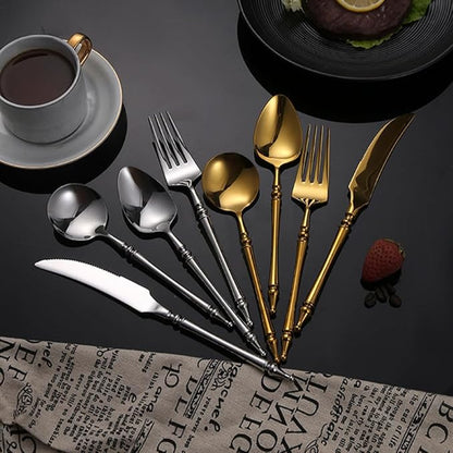 Gold Silverware Set for 12 Premium 18/10 Stainless Steel Flatware Set 48 Piece Include Knives Forks and Spoons Cutlery Utensils Light Luxury Vintage Style for Home Kitchen Christmas Restaurant