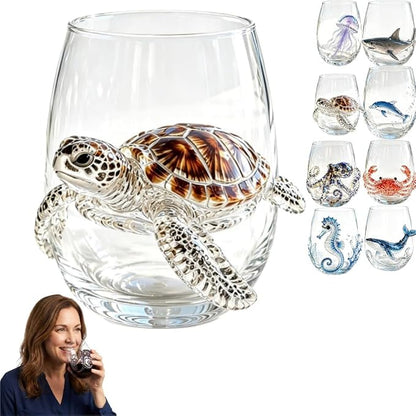 Artisanal Blue Ringed Octopus Glassware, 3D Ocean Glass Wine Glass SeaTurtle | by Unknown
