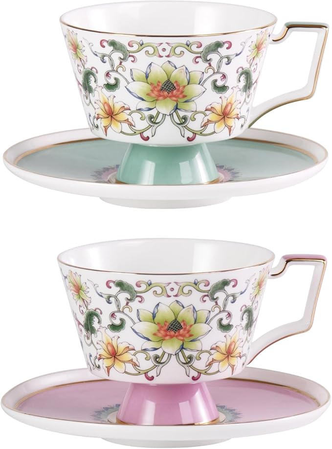 KAMMAK Ceramic Coffee Cups Saucers Set of 2, Porcelain Espresso Cups by KAMMAK