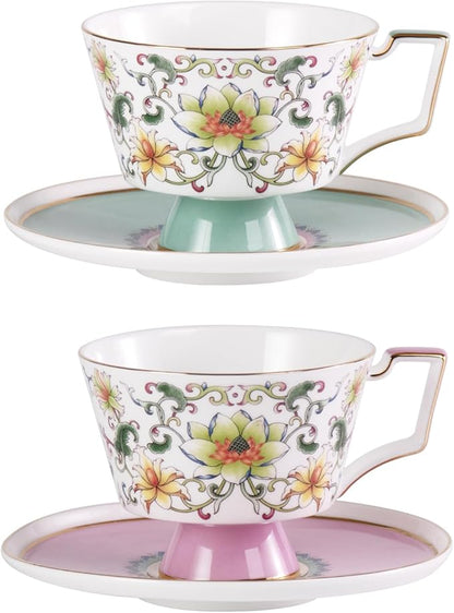 KAMMAK Ceramic Coffee Cups Saucers Set of 2, Porcelain Espresso Cups by KAMMAK