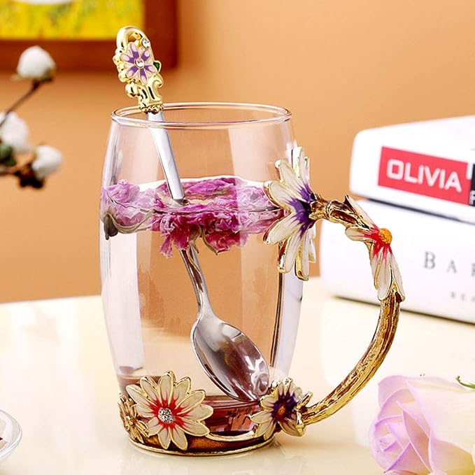 Daisy Flower Tea Cup, Handmade Glass Enamel Coffee Mugs - Image 2