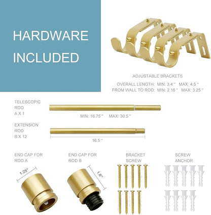 Curtain Rods for Windows 16 to 200 Inches Adjustable Length 1 Inch Diameter Window Curtain Rod with Aluminium Finials, Flash Gold
