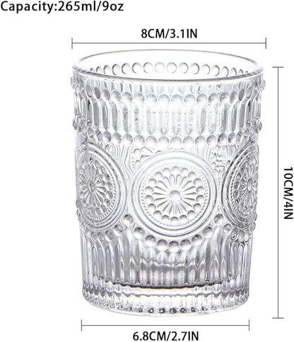 MDLUU 6-Pack Embossed Drinking Glasses, Romantic Glassware, Vintage Glass Tumblers for Juice, Beverages, Cocktail, Capacity 9oz/265ml