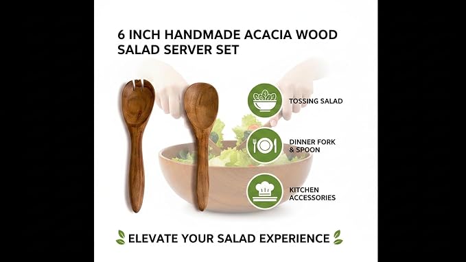 6 Inch Acacia Wood Salad Server Set Wooden Mixing Tongs Dinner Fork & Spoon - Image 4