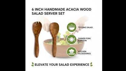 6 Inch Acacia Wood Salad Server Set Wooden Mixing Tongs Dinner Fork & Spoon - Image 4