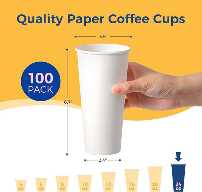 Fit Meal Prep 100 Pack 24 oz Disposable Paper Coffee Cups, Premium Hot Cups - Image 2