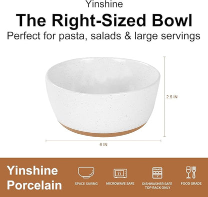 Cereal Bowls Set of 4,Ceramic Bowls for Kitchen,6 Inch Stoneware Bowls, Round Porcelain Pasta Bowl,Dishwasher&Microwave Safe,White(Brown Bottom)