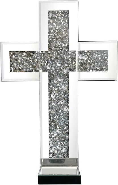 Crystal Crush Diamond Mirrored Candle Sconces, Silver Wall Candle Holder Set of 2, Wall Decoration for Living Room，Dining Room (Silver Cross)
