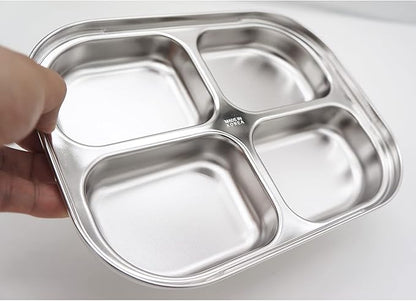 Korean Stainless Steel Divided Plates for Toddlers, Kids, Babies, Premium 304, Electro-Polished, No Black Residue, BPA-Free, 4-Compartment Food Tray, Camping, Balanced Meals, Set of 2