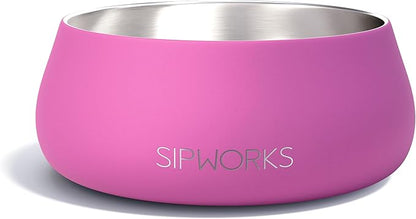 Sipworks Stainless Steel Dog Bowl – 32oz Weighted Metal Food and Water Bowls for Dogs and Cats with Non-Slip Base - Pet Bowls for All Breeds Sizes for Travel & Outdoor Play | Hot Pink