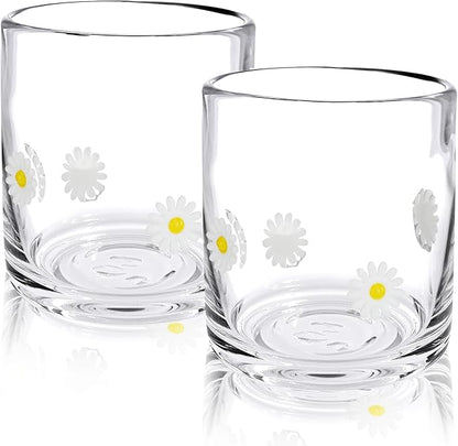 Icon Juice Glasses, 14oz Stemless Wine Drinking Juice Glass Cup for Valentine Party Supplies Gift(2 Pcs,Daisy)