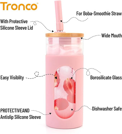 Tronco 20oz Glass Tumbler with Bamboo Lid and Straw, Reusable Iced Coffee Cup for Boba Tea, Smoothies & Cold Drinks, Spill-Proof Glass Cup with Silicone Sleeve, Dishwasher Safe, BPA-Free (Pack of 2)
