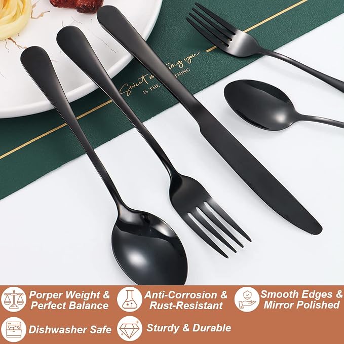 40 Pcs Black Silverware Set for 8, Food Grade Stainless Steel Flatware Set - Image 3