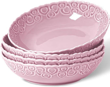 HOMBENE Heartbeat Pasta Bowls Set of 4, 40oz, Porcelain Wide and Shallow, Soup, Pasta, Noodle, Dinner, Large Salad Bowls Soup Bowl for Kitchen, Microwave & Dishwasher Safe (Dreamy Sakura Pink)