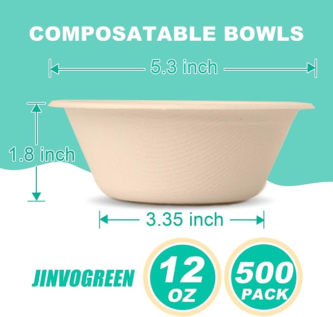 JINVOGREEN 500 Count 12 oz Paper Bowls, Disposable Compostable Bowls Bulk - Image 2