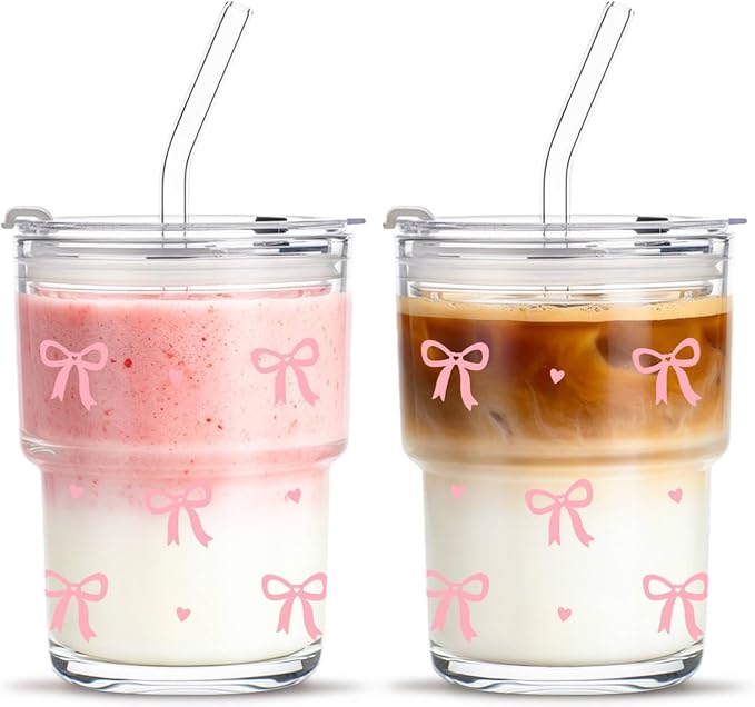 INSETLAN 13 oz Bow Decal Glass Tumblers Set of 2, Thick Wall Glass Cups by INSETLAN