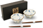 Mino Ware Cat-Design Rice Bowl & Wakasa-Nuri Wooden Chopsticks Pair Set by COTONOHA