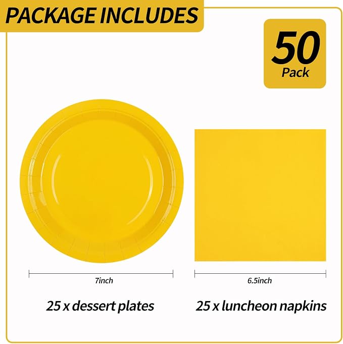 50PCS Yellow Paper Plates and Napkins, 7Inch Solid Yellow Dessert Plates | - Image 3