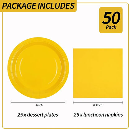 50PCS Yellow Paper Plates and Napkins, 7Inch Solid Yellow Dessert Plates | - Image 3
