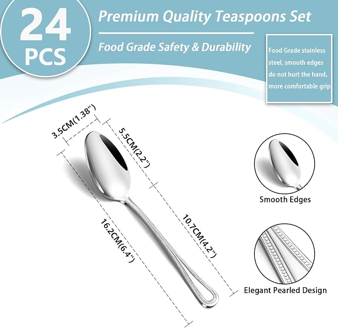 24 Pieces Teaspoons Set, 6.4 Inches Spoon Set, Stainless Steel Silverware - Image 2