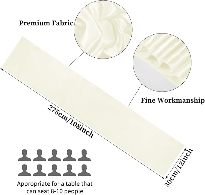10-Pack Ivory 12 x 108 inches Long Premium Satin Table Runner | Wedding - Image 2