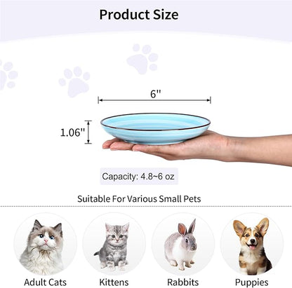 Selamica Ceramic Cat Bowls, 6 Inch Cat Food Bowl Whisker Friendly, Shallow Wide Kitten Plates for Food and Water, Set of 4, Gradient Blue