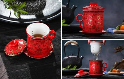 Porcelain Tea Cup with Infuser Lid and Saucer Sets - Image 3