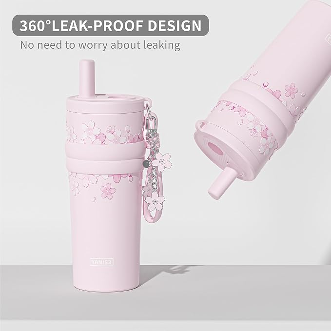 18.5 oz Thermo Cup with Straw, Elegant Cherry Blossom Embossed Design, Vacuum - Image 4