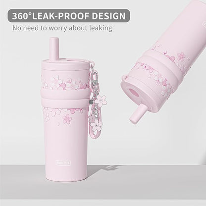 18.5 oz Thermo Cup with Straw, Elegant Cherry Blossom Embossed Design, Vacuum - Image 4