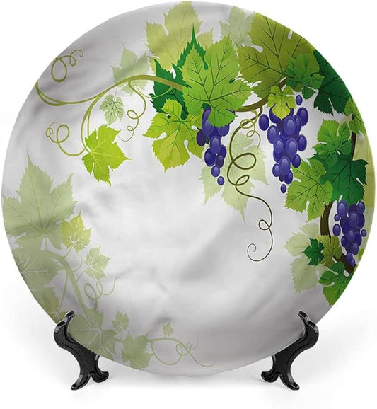 Ceramic Display Plate, Vine Ceramic Hanging Decorative Plate, Grapes with Fresh Foliage, 8 Inch, Living Room Kitchen Decoration Household, Multicolor