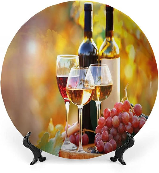 Decorative Plates, Wine Print Ornament, Tasty Wine on Wooden Barrel on Grape Plantation, 10 Inch, Kitchen Wall Decor, Orange Red Black