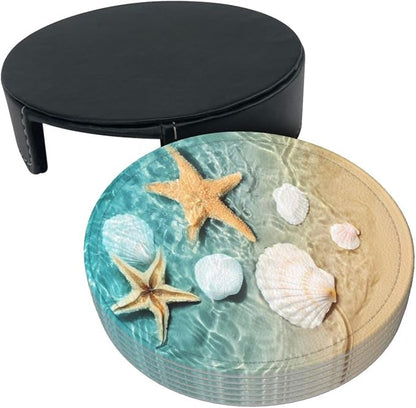 6 Pcs Coastal Beach Ocean Leather Coasters - Image 3